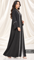 Silver Geometric Stripe Open Abaya - AF1067 - Black - View 2