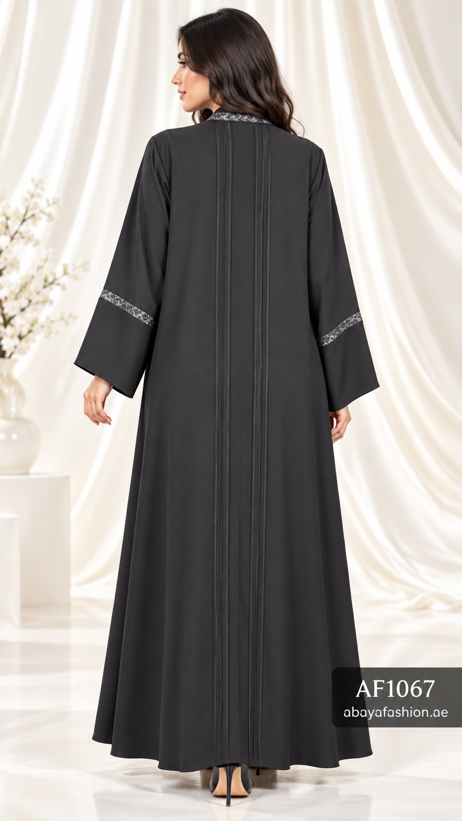 Silver Geometric Stripe Open Abaya - AF1067 - Black - View 3