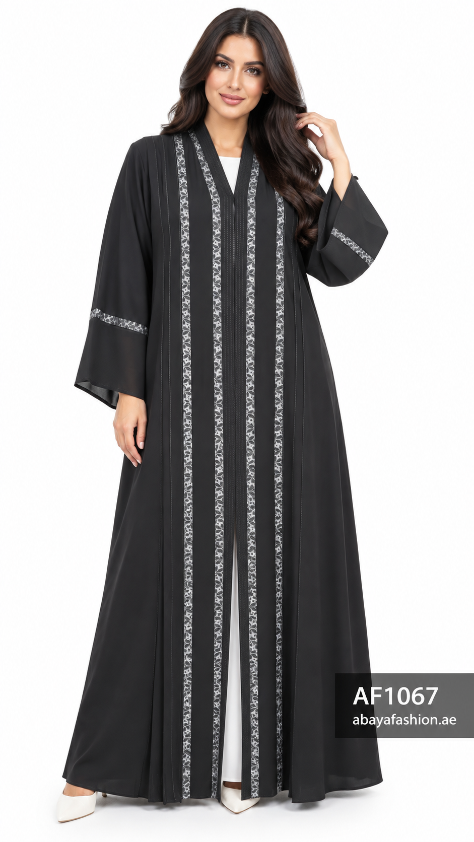 Silver Geometric Stripe Open Abaya - AF1067 - Black - View 5
