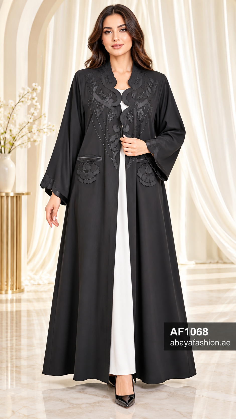 Sculpted Floral Neckline Open Abaya - AF1068 - Black - View 1
