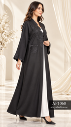Sculpted Floral Neckline Open Abaya - AF1068 - Black - View 2
