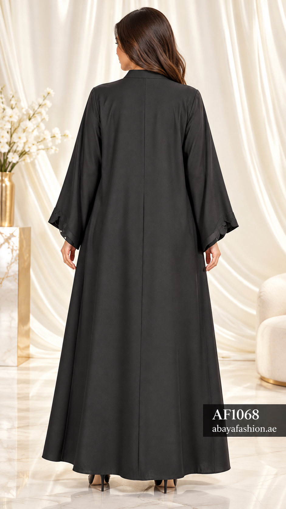 Sculpted Floral Neckline Open Abaya - AF1068 - Black - View 3