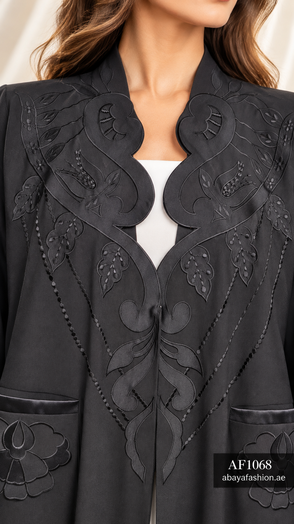 Sculpted Floral Neckline Open Abaya - AF1068 - Black - View 4