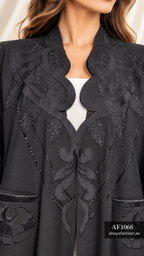 Sculpted Floral Neckline Open Abaya - AF1068 - Black - View 4