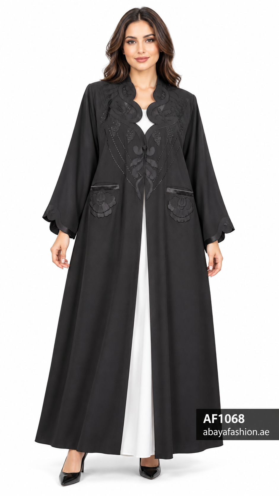 Sculpted Floral Neckline Open Abaya - AF1068 - Black - View 5