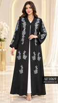 Silver Floral Cascade Open Abaya - AF1069 - Black - View 1