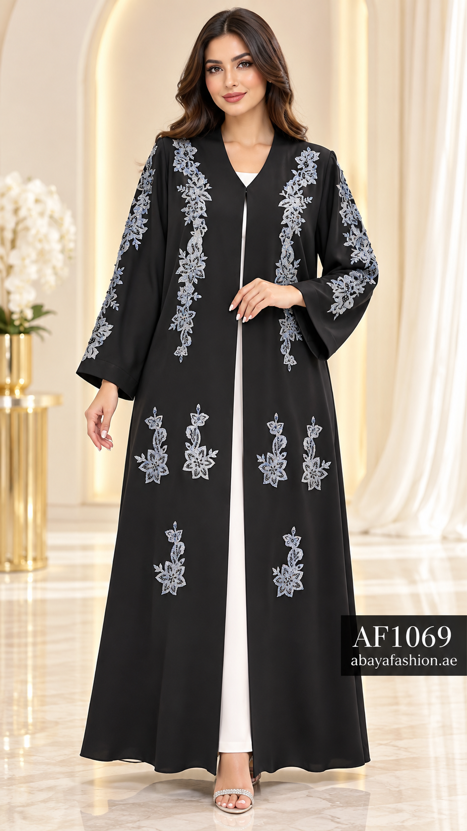 Silver Floral Cascade Open Abaya - AF1069 - Black - View 1