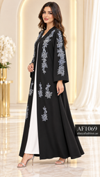 Silver Floral Cascade Open Abaya - AF1069 - Black - View 2