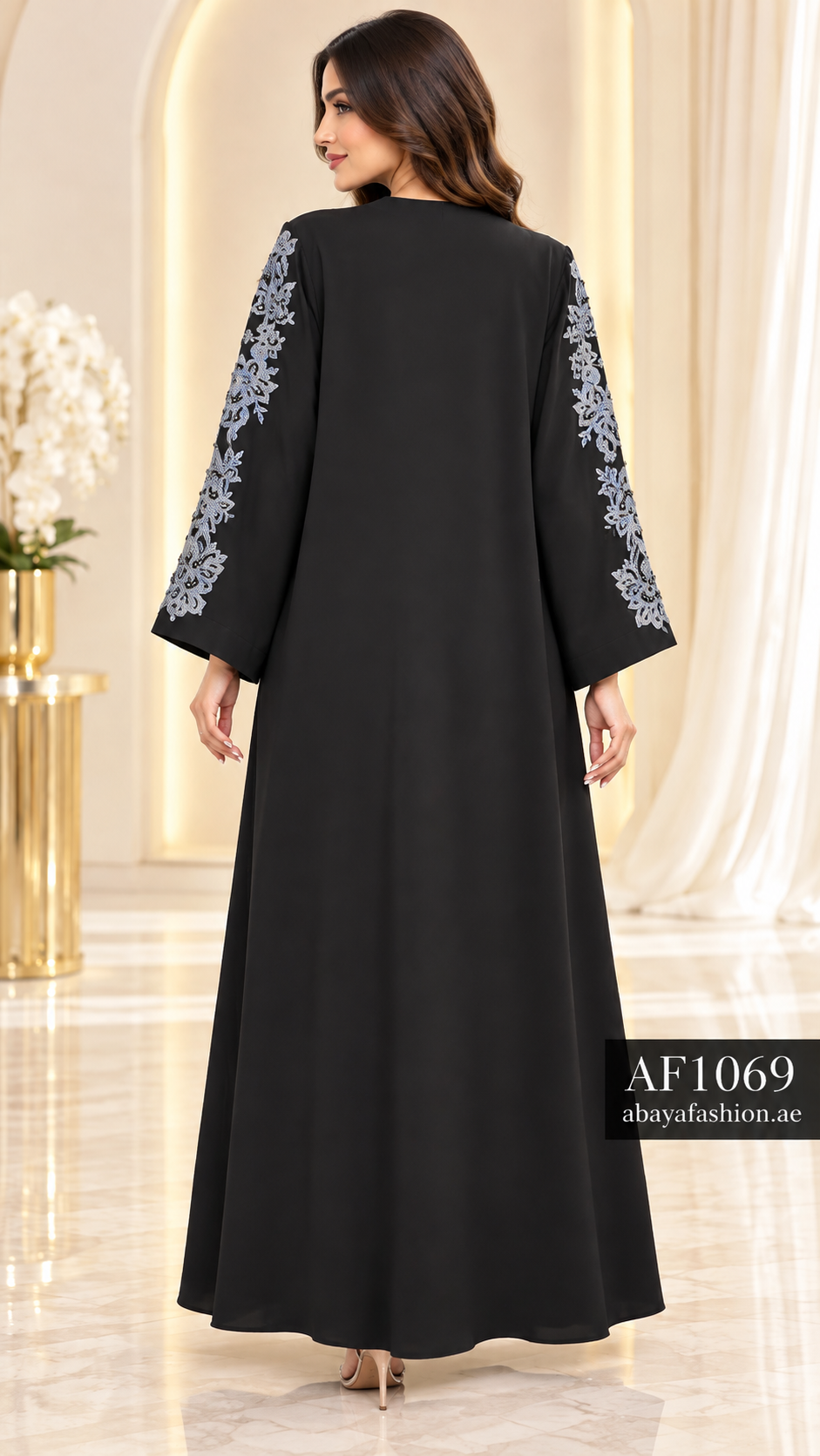 Silver Floral Cascade Open Abaya - AF1069 - Black - View 3
