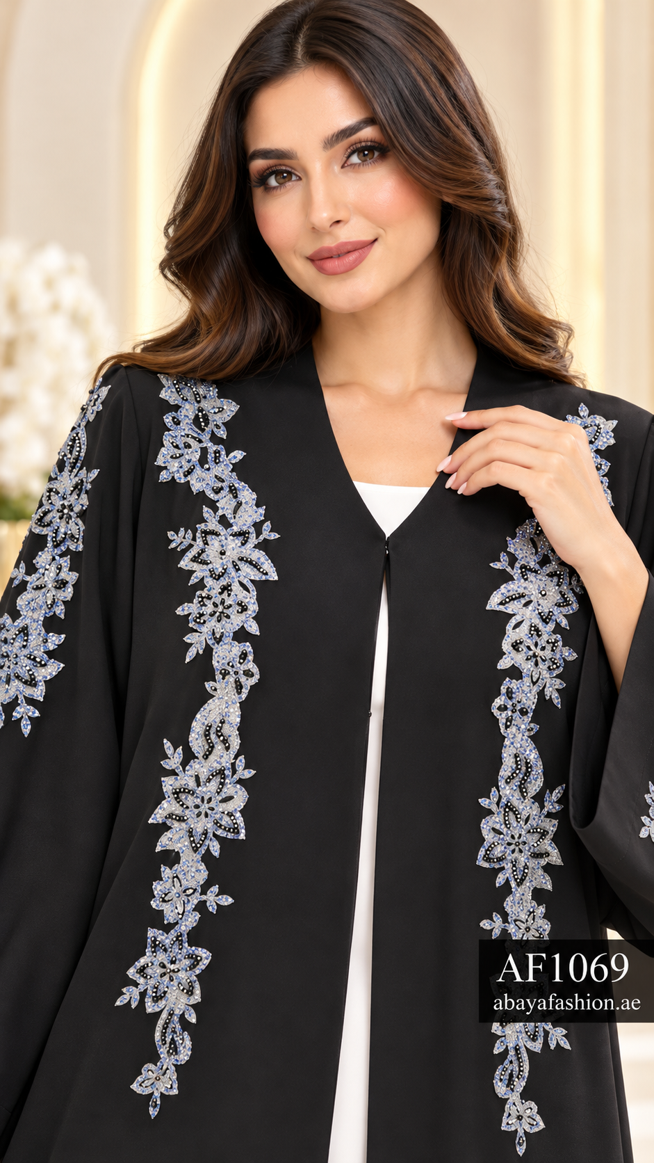 Silver Floral Cascade Open Abaya - AF1069 - Black - View 4