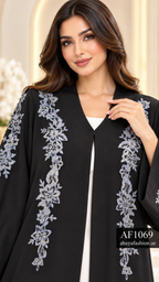 Silver Floral Cascade Open Abaya - AF1069 - Black - View 4