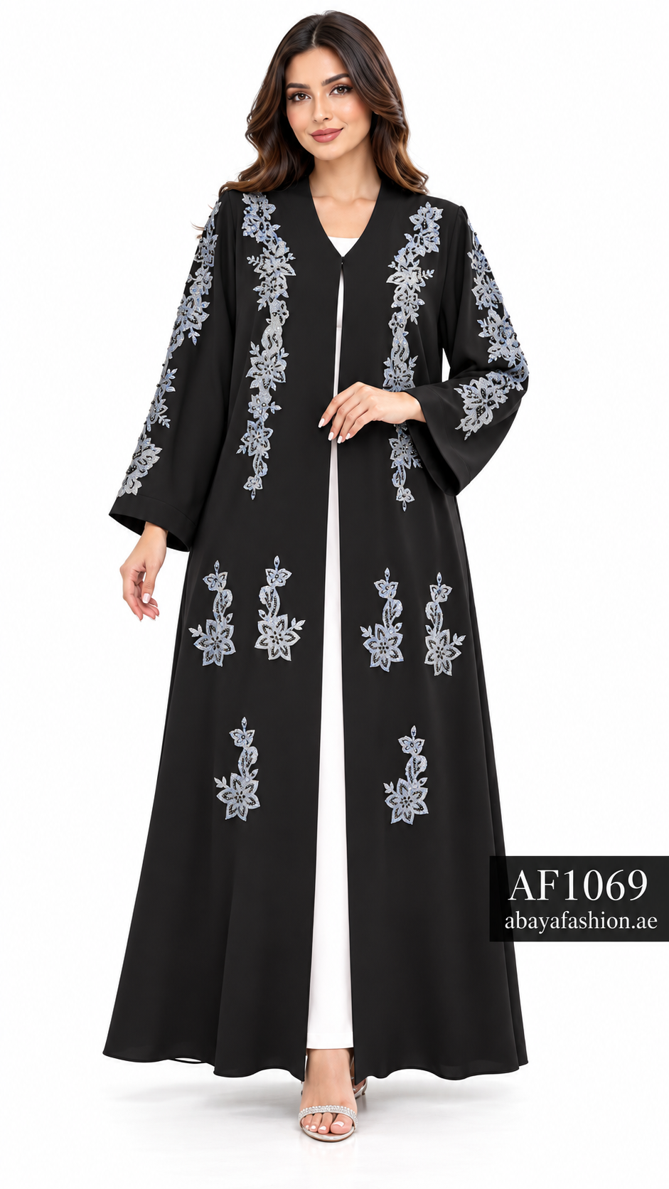 Silver Floral Cascade Open Abaya - AF1069 - Black - View 5