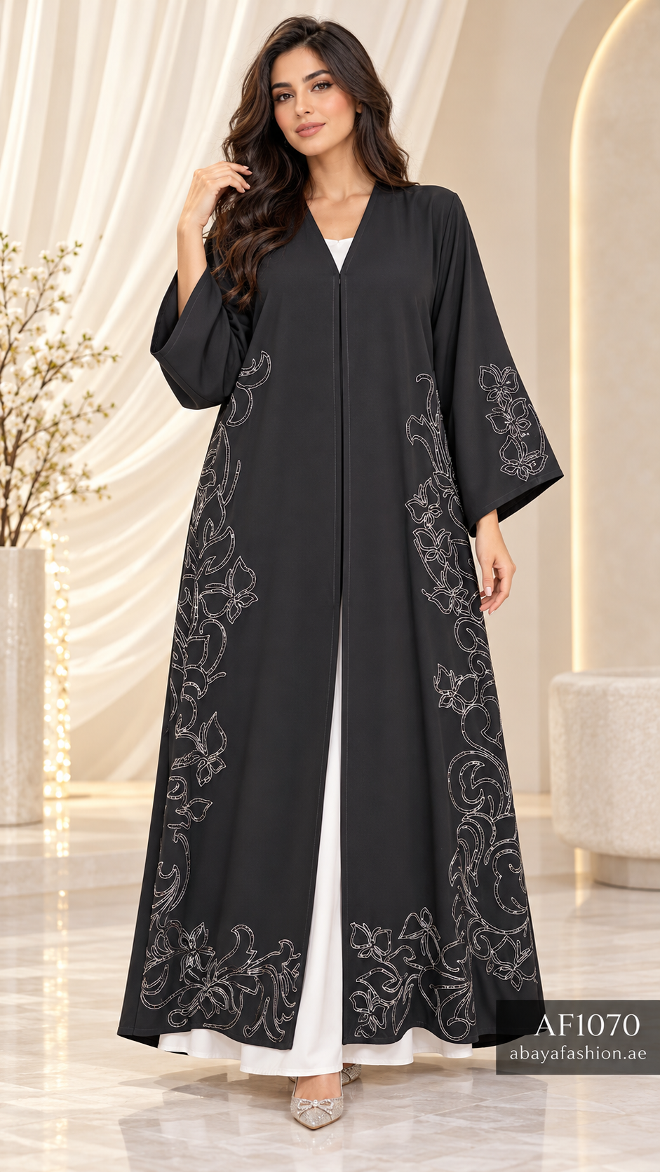 Floral Scroll Border Open Abaya - AF1070 - Black - View 1