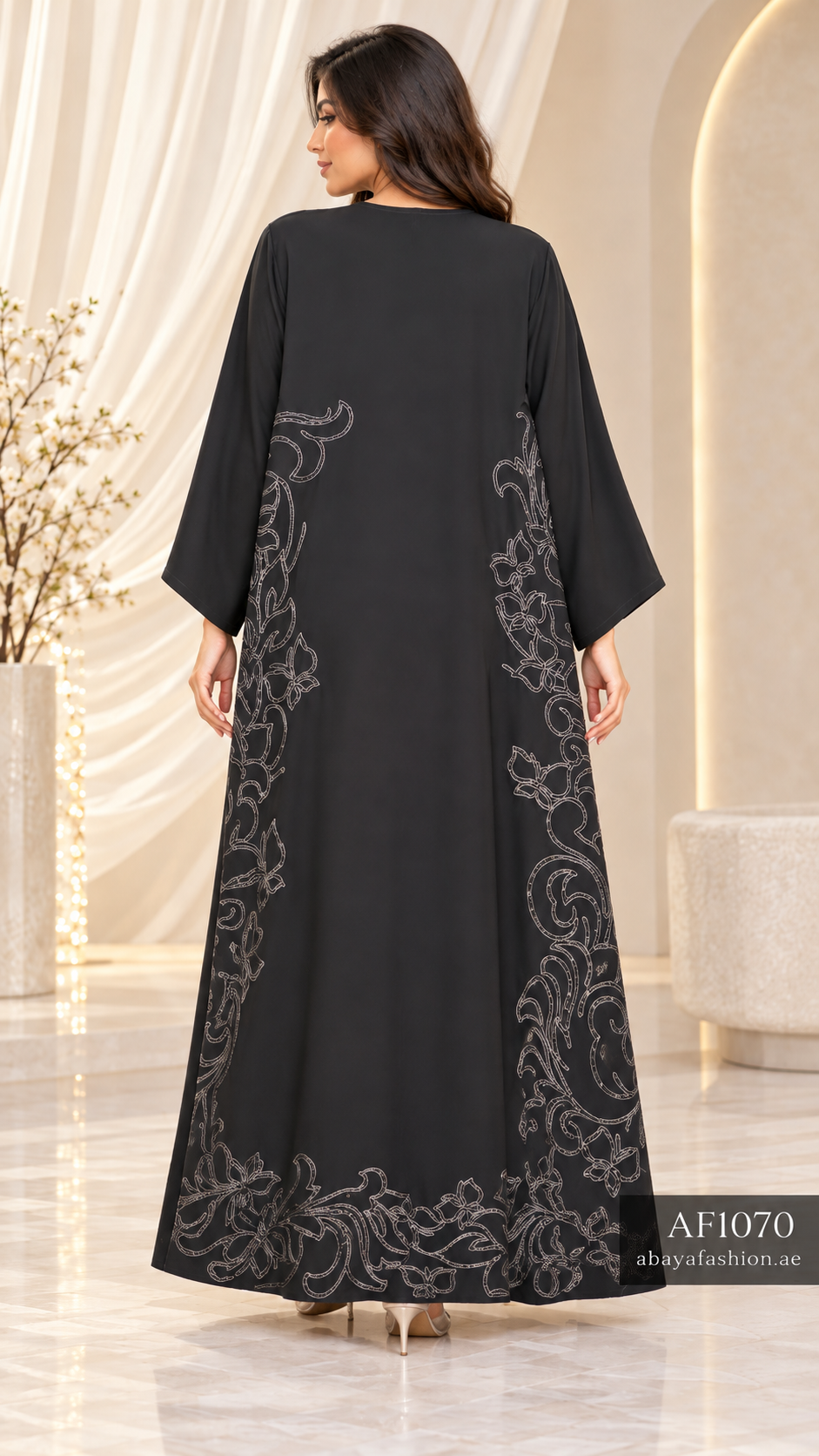 Floral Scroll Border Open Abaya - AF1070 - Black - View 3