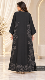 Floral Scroll Border Open Abaya - AF1070 - Black - View 3