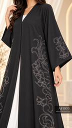 Floral Scroll Border Open Abaya - AF1070 - Black - View 4