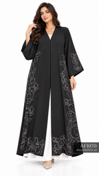 Floral Scroll Border Open Abaya - AF1070 - Black - View 5