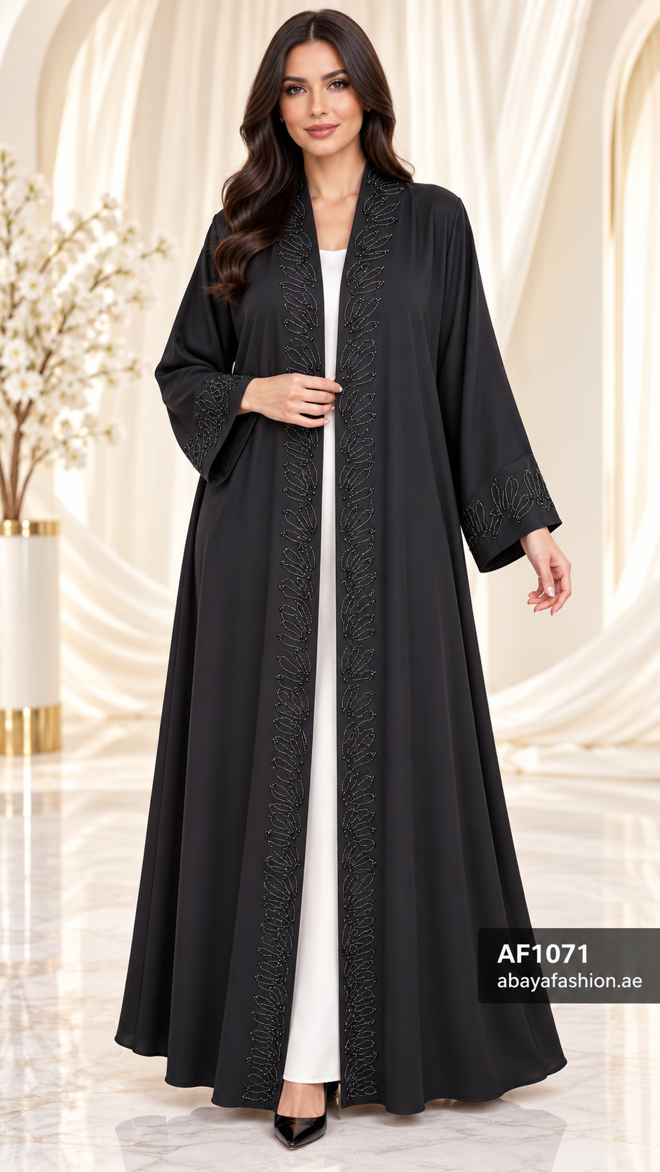 Tonal Leaf Trim Open Abaya - AF1071 - Black - View 1