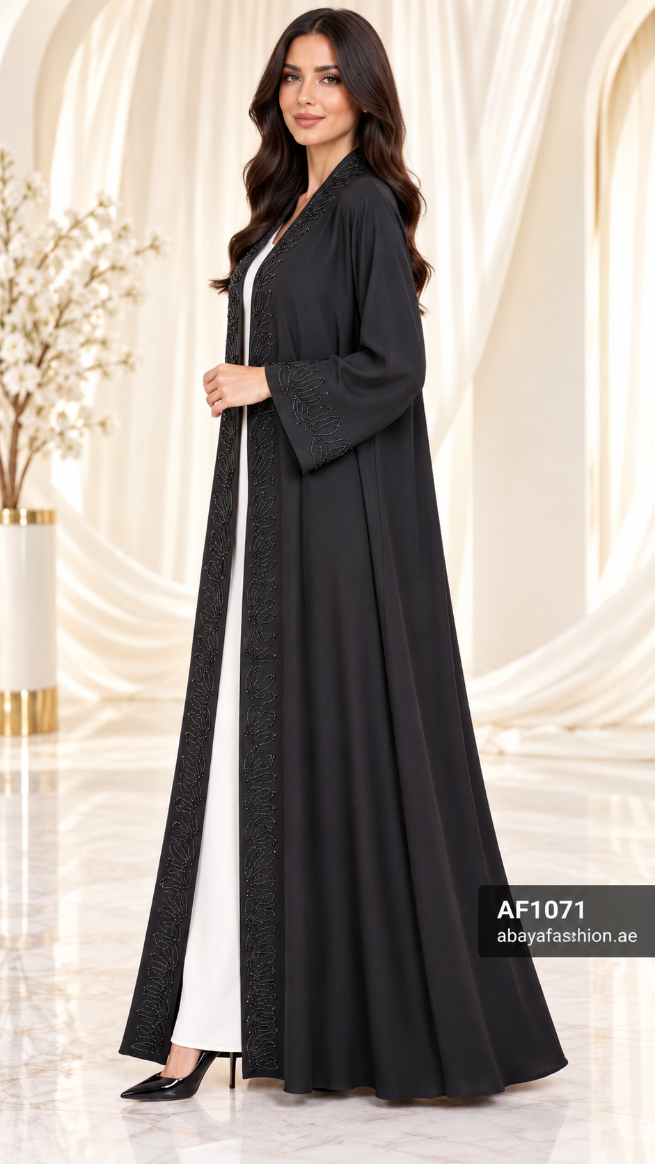 Tonal Leaf Trim Open Abaya - AF1071 - Black - View 2