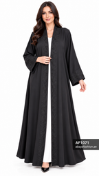 Tonal Leaf Trim Open Abaya - AF1071 - Black - View 5