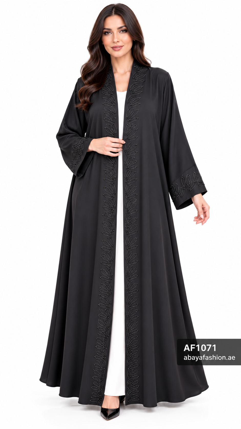 Tonal Leaf Trim Open Abaya - AF1071 - Black - View 5
