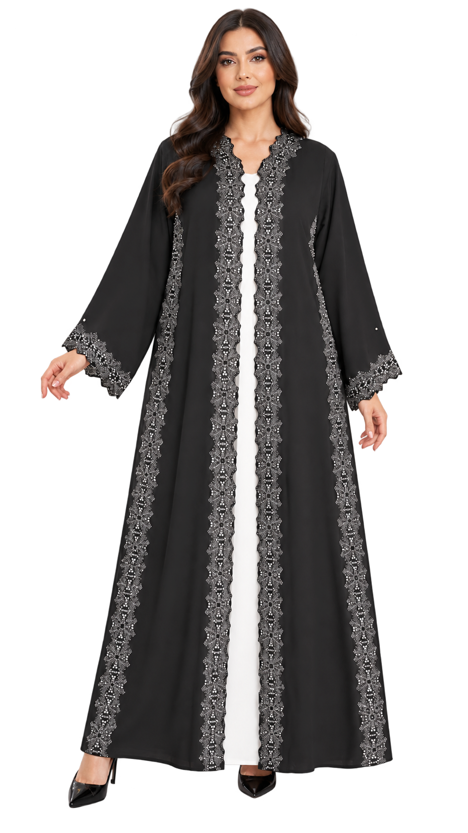 Black Floral Lace Open Abaya – AF1011