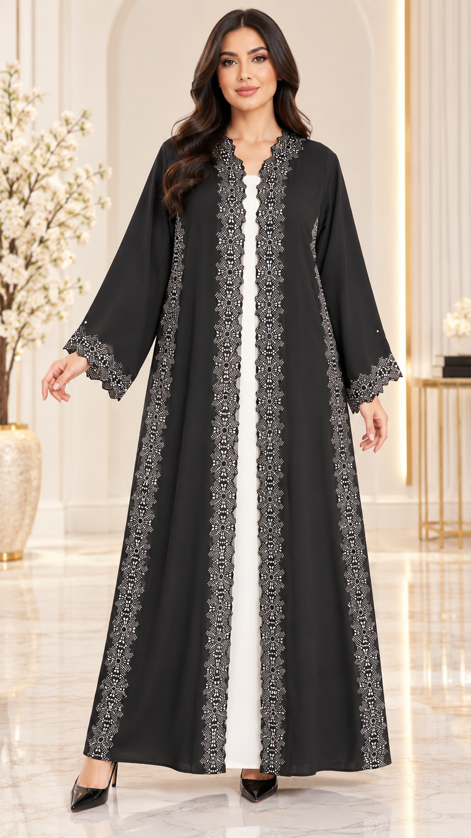 Black Floral Lace Open Abaya – AF1011