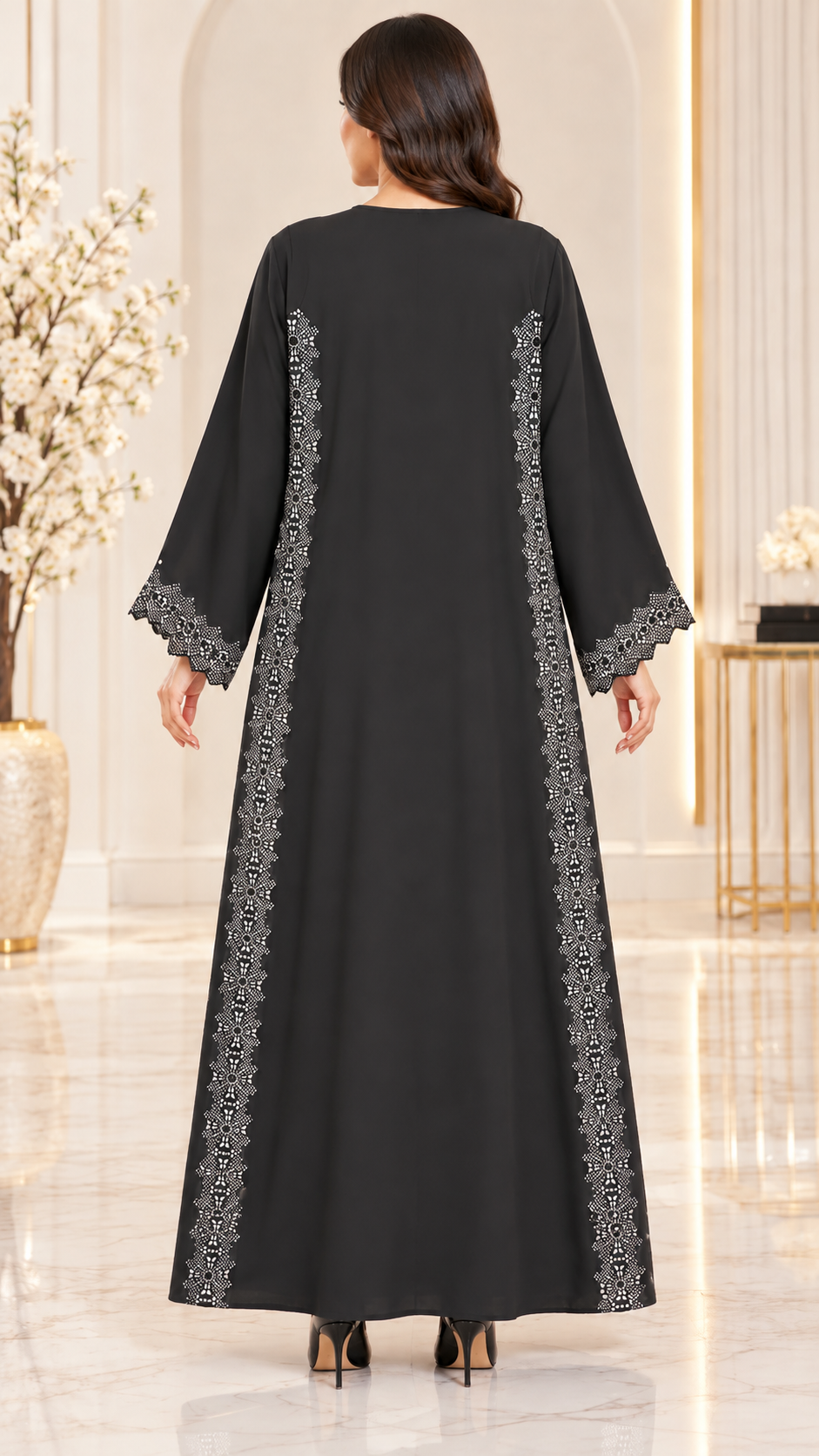 Black Floral Lace Open Abaya – AF1011