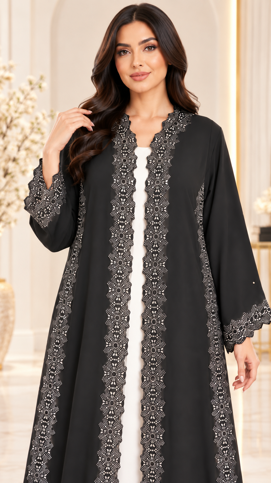 Black Floral Lace Open Abaya – AF1011