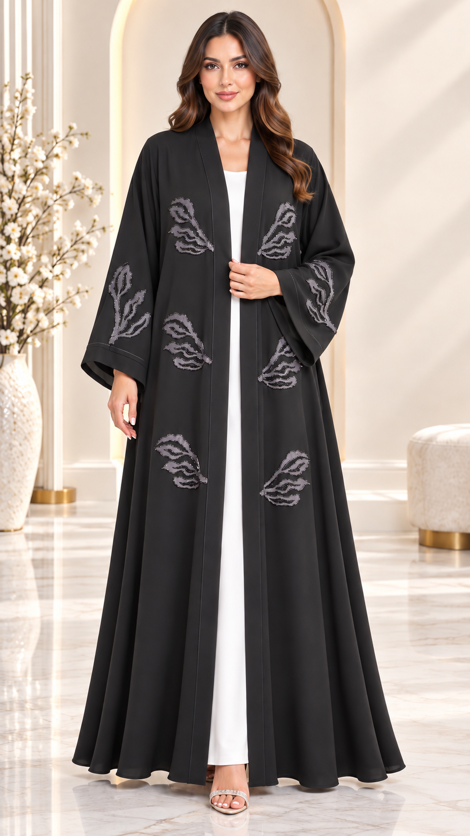 Midnight Leaf Black Open Abaya | Grey Leaf Embellishment | Luxury Modest Wear UAE | AF1012