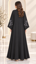 Midnight Leaf Black Open Abaya | Grey Leaf Embellishment | Luxury Modest Wear UAE | AF1012