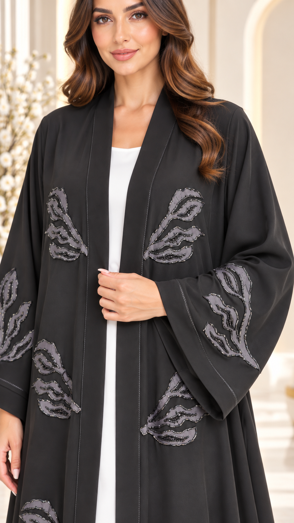 Midnight Leaf Black Open Abaya | Grey Leaf Embellishment | Luxury Modest Wear UAE | AF1012