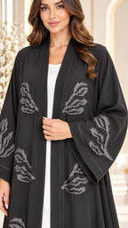 Midnight Leaf Black Open Abaya | Grey Leaf Embellishment | Luxury Modest Wear UAE | AF1012