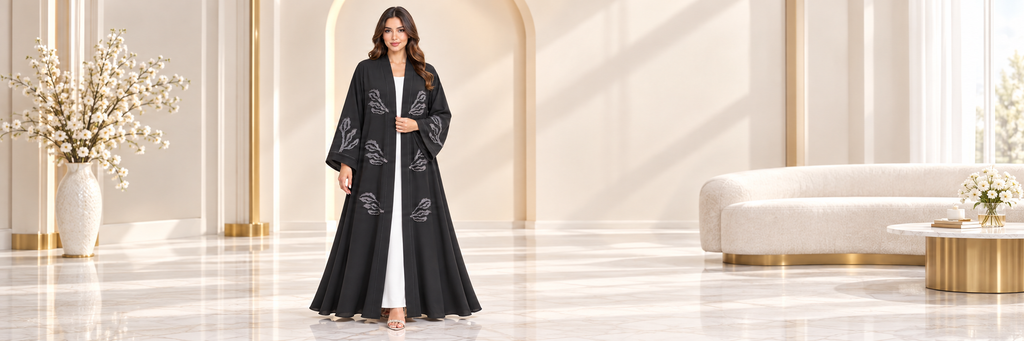 Midnight Leaf Black Open Abaya | Grey Leaf Embellishment | Luxury Modest Wear UAE | AF1012