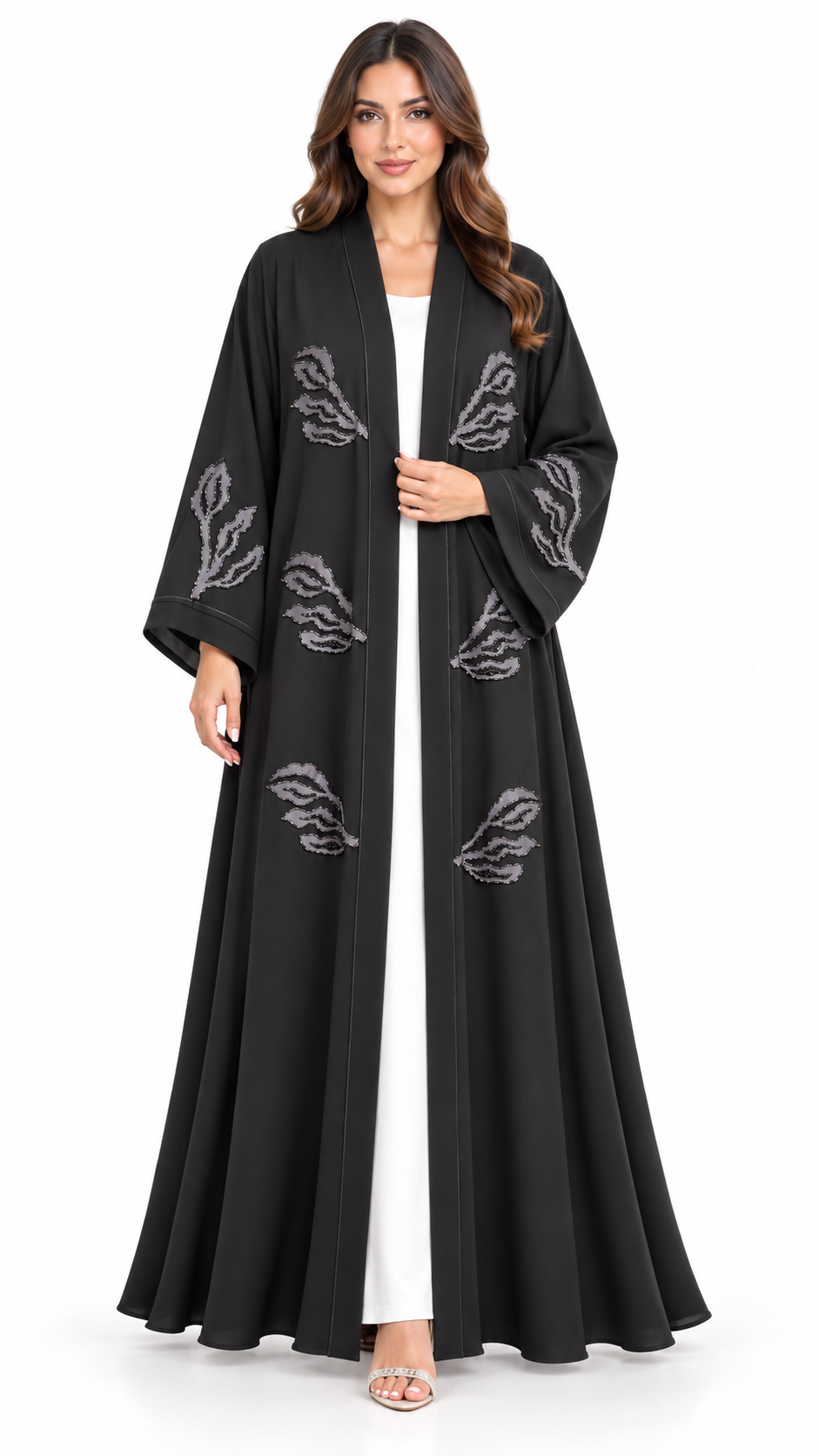 Midnight Leaf Black Open Abaya | Grey Leaf Embellishment | Luxury Modest Wear UAE | AF1012