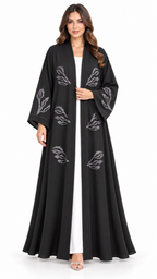 Midnight Leaf Black Open Abaya | Grey Leaf Embellishment | Luxury Modest Wear UAE | AF1012