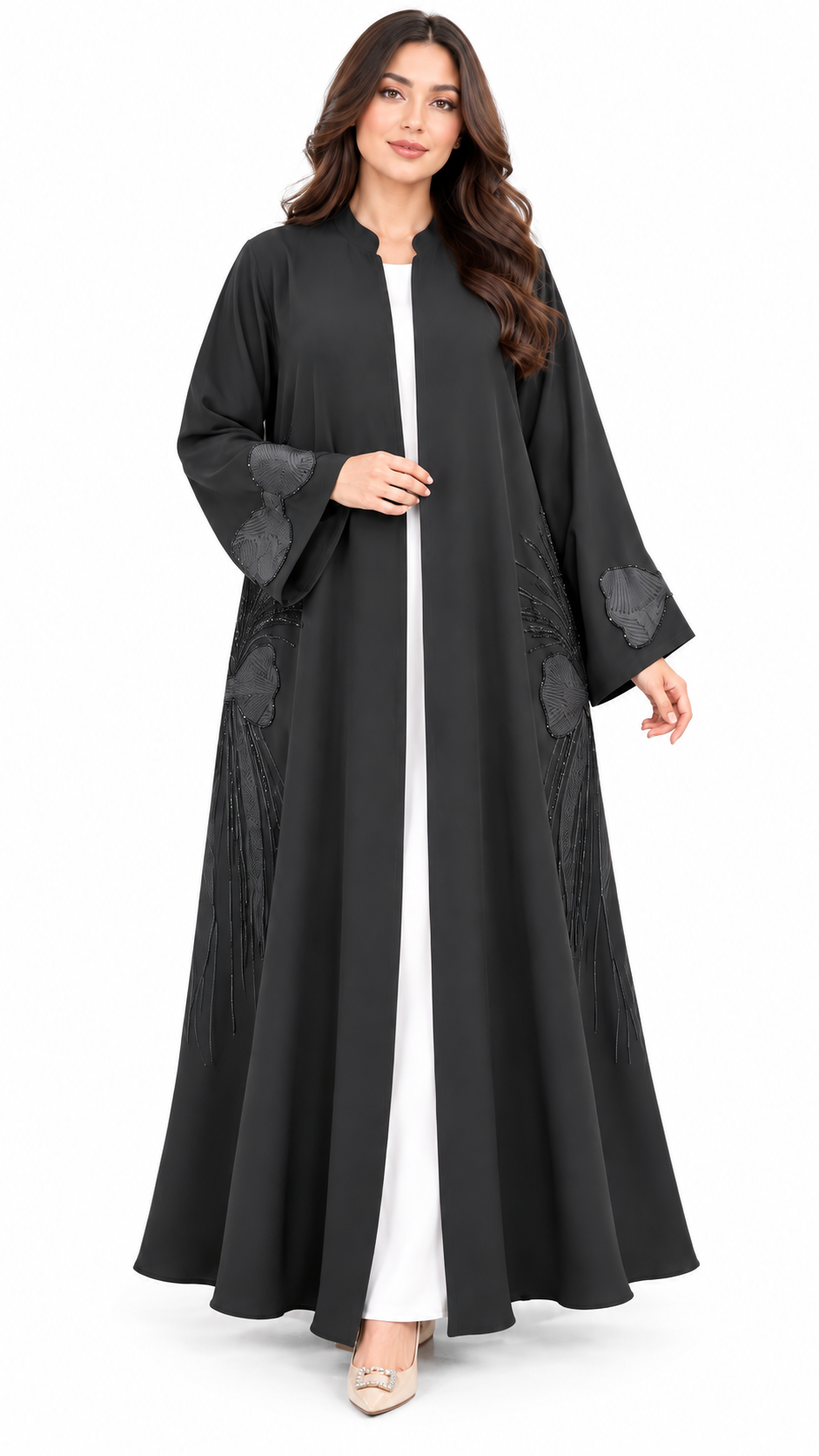 Luxe Bow Appliqué Black Open Abaya | Tonal Embellishment | Evening Abaya UAE | AF1013