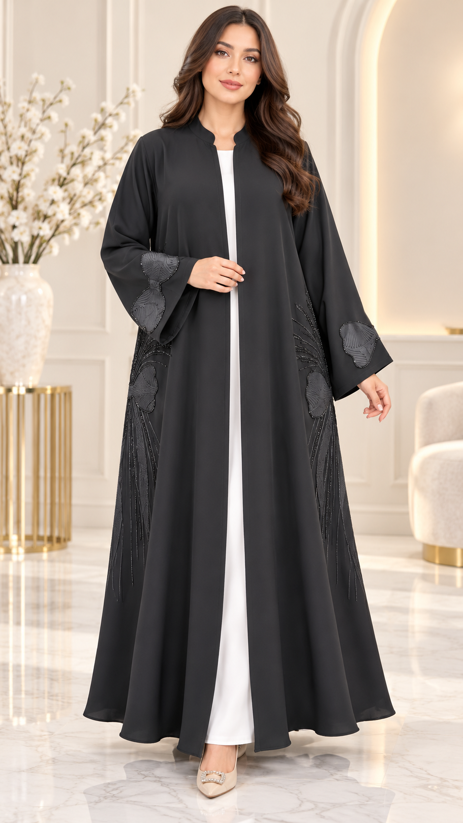 Luxe Bow Appliqué Black Open Abaya | Tonal Embellishment | Evening Abaya UAE | AF1013
