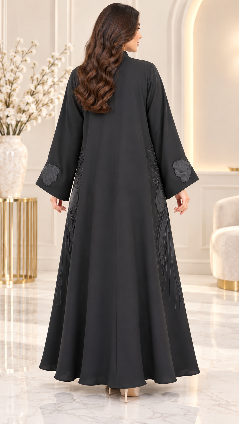 Luxe Bow Appliqué Black Open Abaya | Tonal Embellishment | Evening Abaya UAE | AF1013