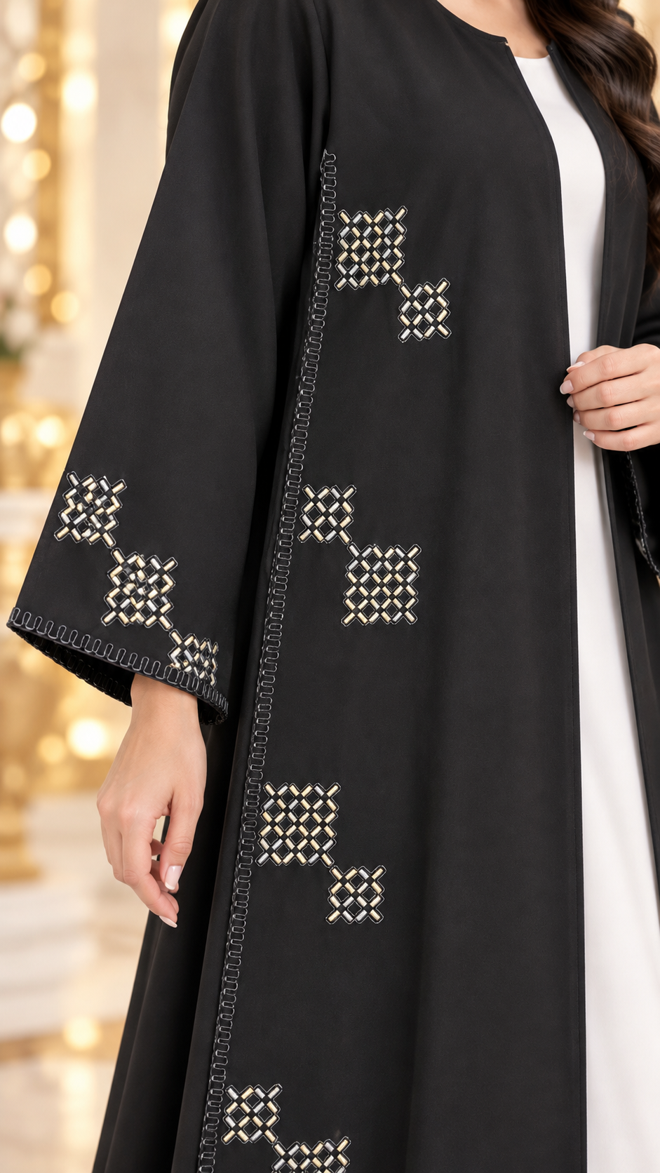 Geometric Crystal Embellished Black Open Abaya | Matching Sheila | Evening Wear UAE | AF1015
