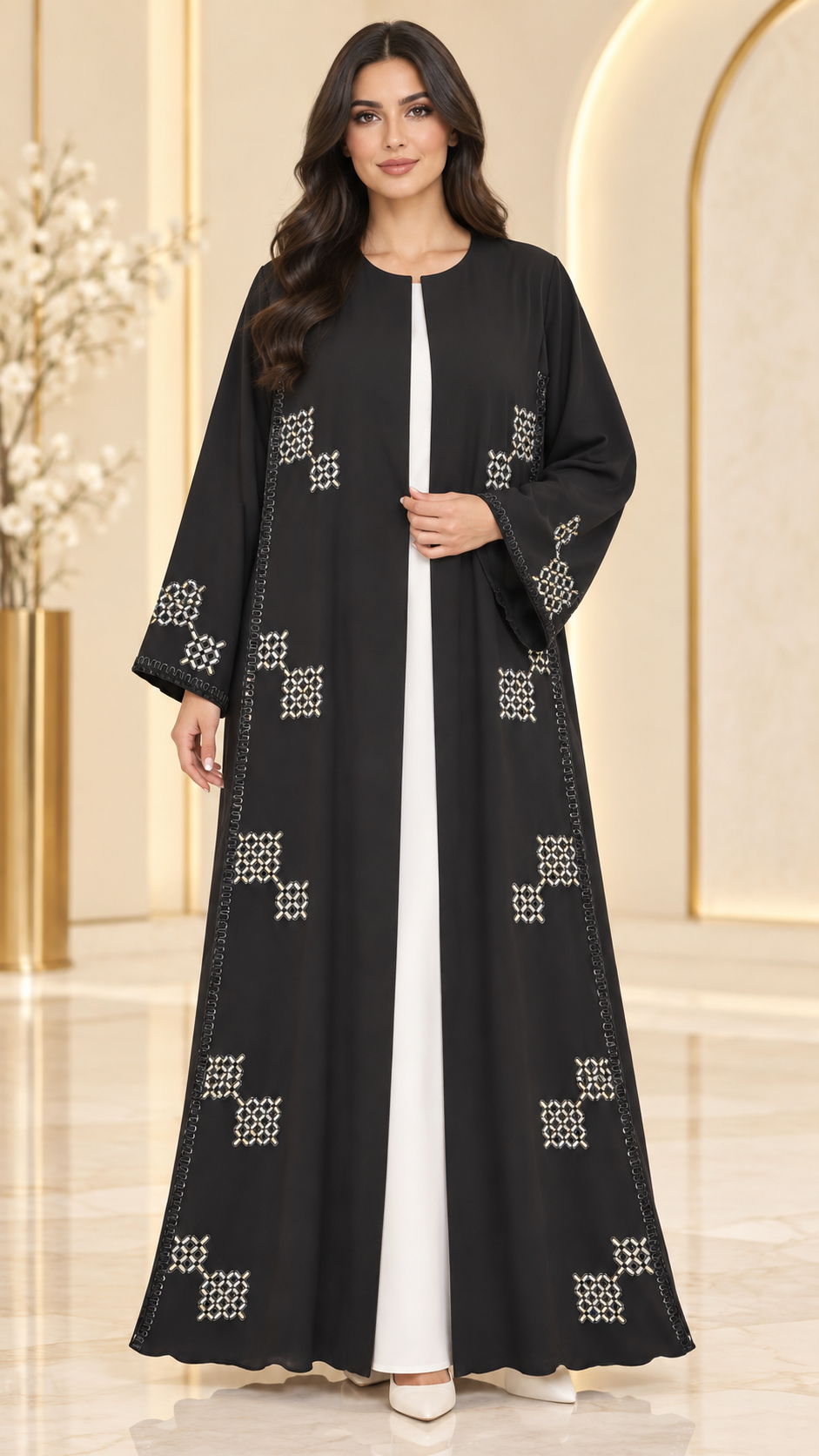 Geometric Crystal Embellished Black Open Abaya | Matching Sheila | Evening Wear UAE | AF1015