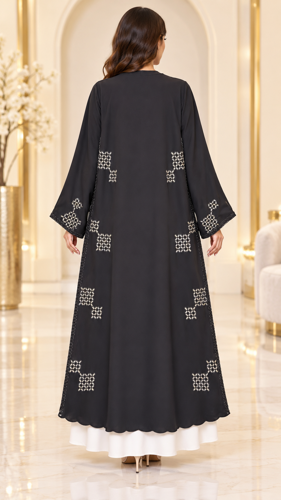Geometric Crystal Embellished Black Open Abaya | Matching Sheila | Evening Wear UAE | AF1015