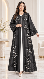 Elegant Black Open Abaya | Floral Lace & Cutwork | Bridal Satin | Special Occasion UAE | AF1014