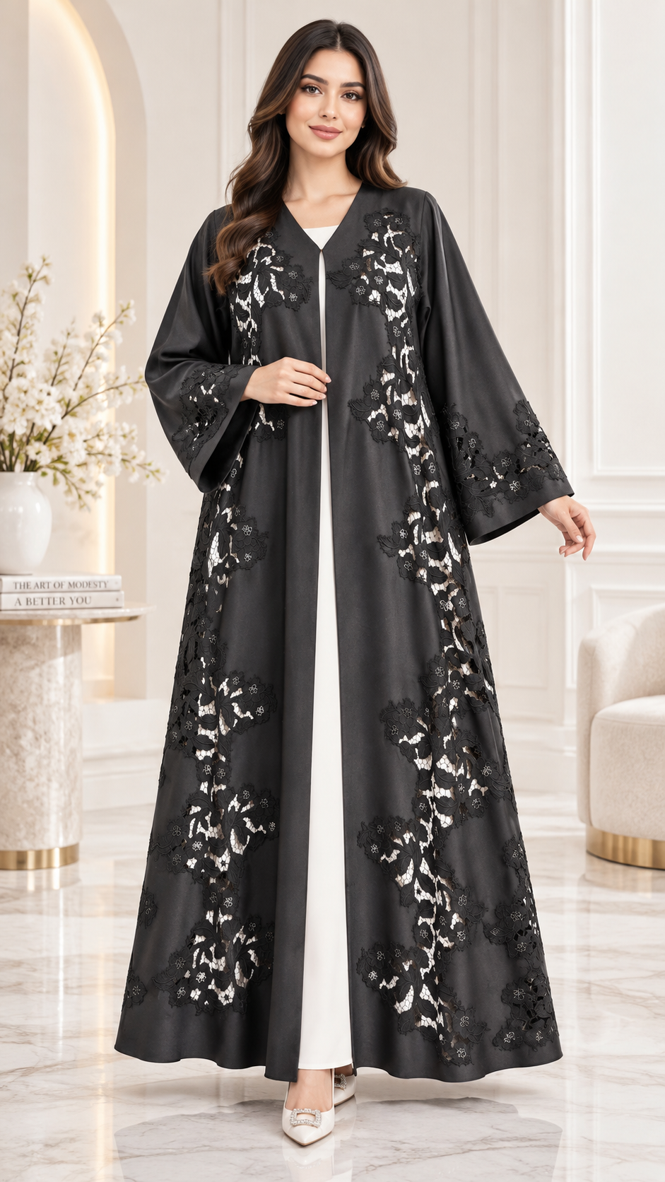 Elegant Black Open Abaya | Floral Lace & Cutwork | Bridal Satin | Special Occasion UAE | AF1014