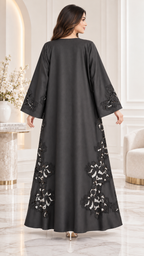 Elegant Black Open Abaya | Floral Lace & Cutwork | Bridal Satin | Special Occasion UAE | AF1014