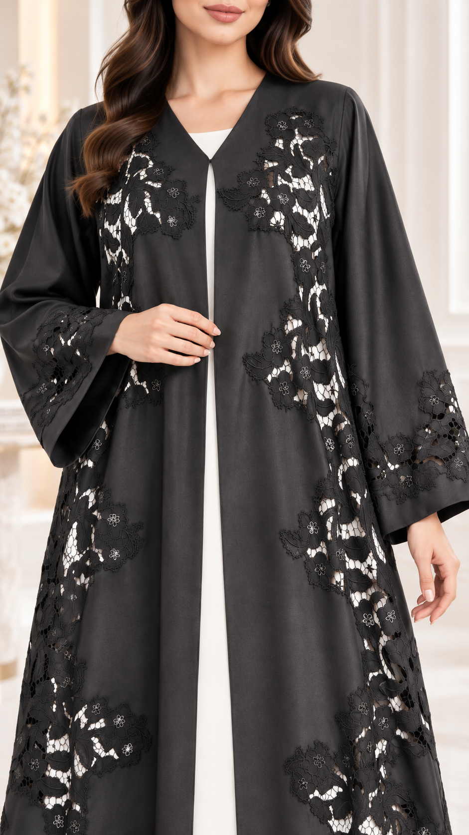 Elegant Black Open Abaya | Floral Lace & Cutwork | Bridal Satin | Special Occasion UAE | AF1014
