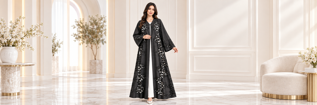 Elegant Black Open Abaya | Floral Lace & Cutwork | Bridal Satin | Special Occasion UAE | AF1014