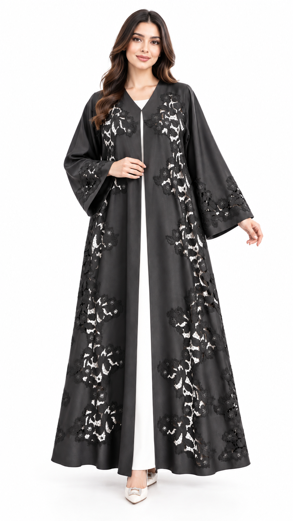 Elegant Black Open Abaya | Floral Lace & Cutwork | Bridal Satin | Special Occasion UAE | AF1014