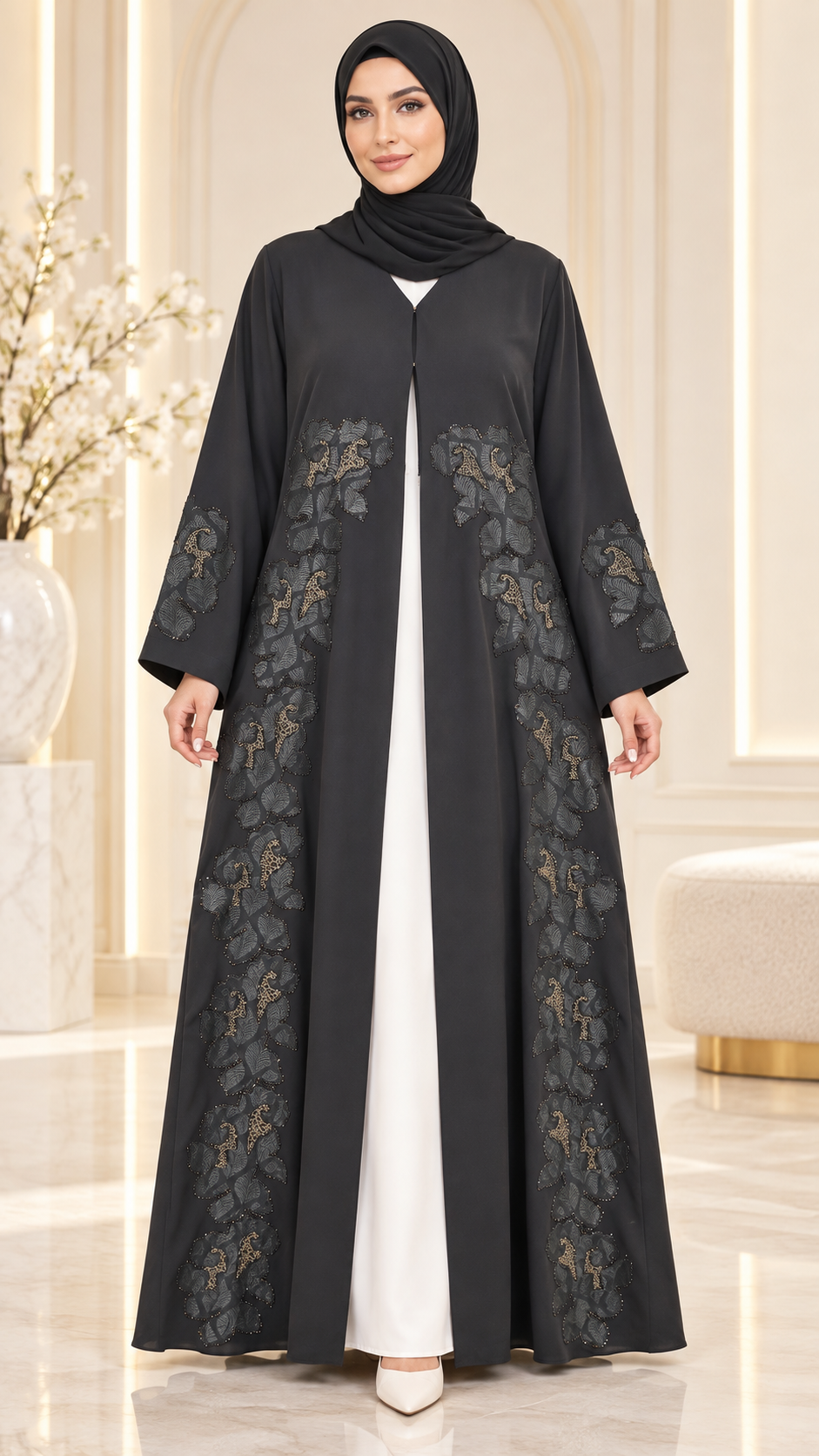 Midnight Bloom Black Open Abaya | Gold Accent & Beadwork | Tonal Floral | Luxury UAE | AF1016