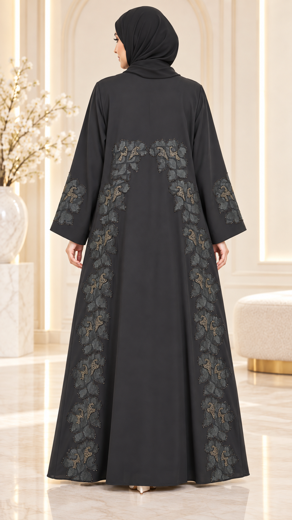 Midnight Bloom Black Open Abaya | Gold Accent & Beadwork | Tonal Floral | Luxury UAE | AF1016